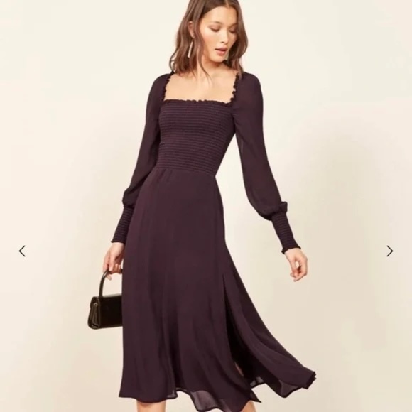 Reformation Rowan Smocked Crepe Long Sleeve Dress in Blackberry - Picture 7 of 7